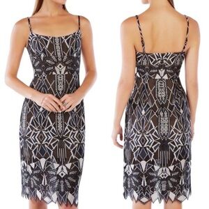 BCBGMaxAzria Alese Deco Geometric Lace Midi Dress in Metallic Black Silver Combo